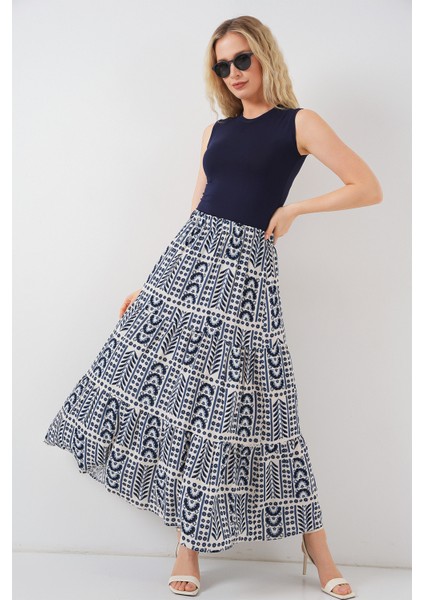Kadın Desenli Uzun Etek 8053 - Krem modelleri