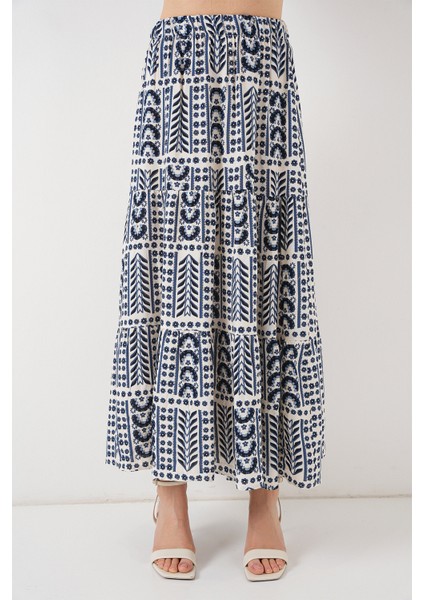 Kadın Desenli Uzun Etek 8053 - Krem fırsatları