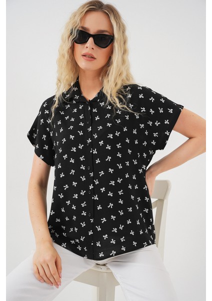 Kadın Kısa Kol Desenli Gömlek 20310 - Siyah