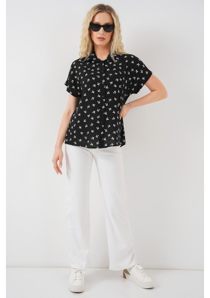 Kadın Kısa Kol Desenli Gömlek 20310 - Siyah fiyatları