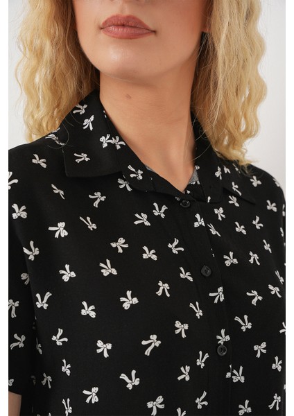 Kadın Kısa Kol Desenli Gömlek 20310 - Siyah indirimleri