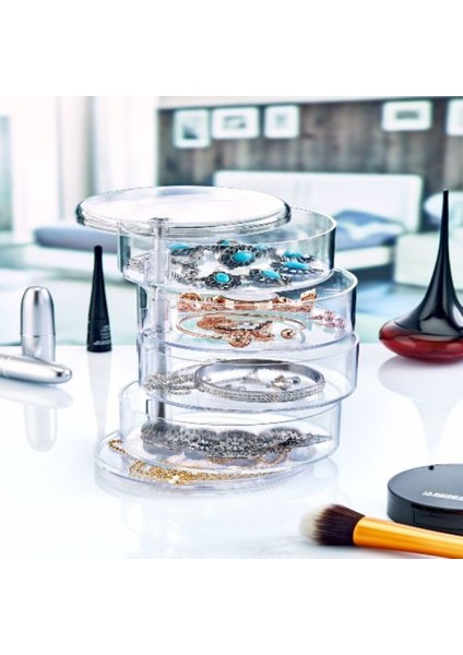 Dört Katlı Silindir Takı ve Makyaj Organizeri Şık ve Pratik Saklama Kutusu
