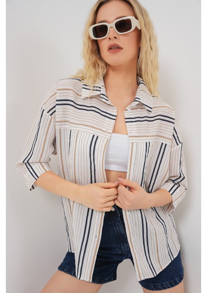 Kadın Çizgili Kısa Kol Gömlek 20344 - Bej