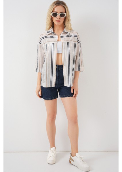 Kadın Çizgili Kısa Kol Gömlek 20344 - Bej fiyatları