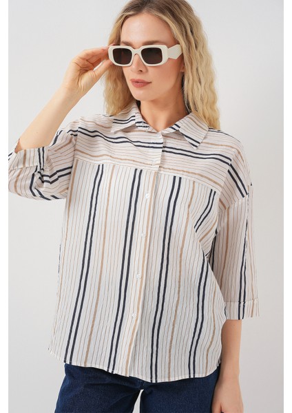 Kadın Çizgili Kısa Kol Gömlek 20344 - Bej modelleri