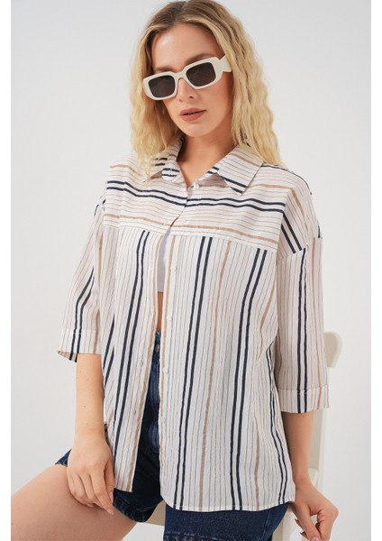 Kadın Çizgili Kısa Kol Gömlek 20344 - Bej fırsatları