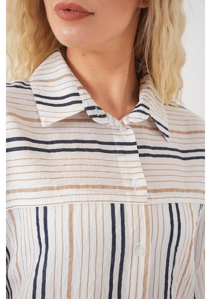 Kadın Çizgili Kısa Kol Gömlek 20344 - Bej indirimleri