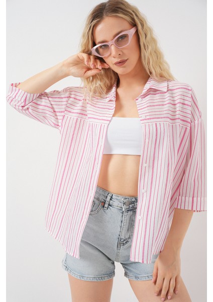 Kadın Çizgili Kısa Kol Gömlek 20344 - Pudra
