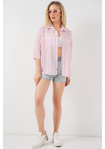 Kadın Çizgili Kısa Kol Gömlek 20344 - Pudra fiyatları