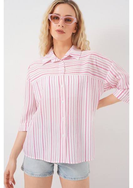 Kadın Çizgili Kısa Kol Gömlek 20344 - Pudra modelleri