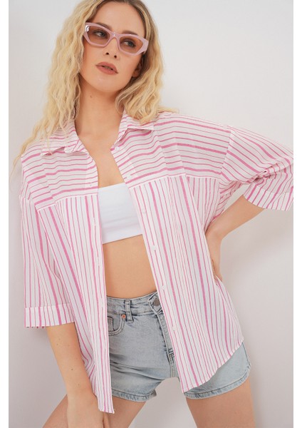 Kadın Çizgili Kısa Kol Gömlek 20344 - Pudra fırsatları