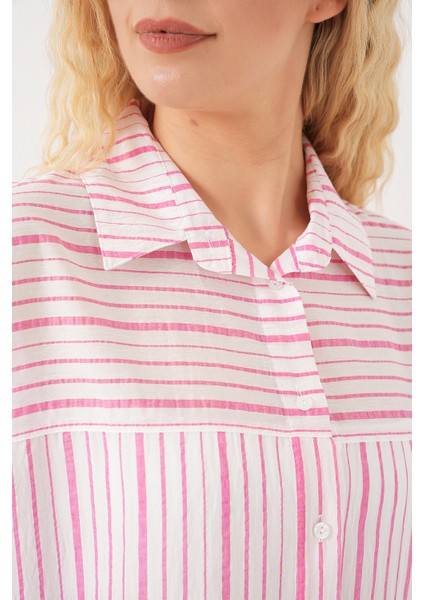 Kadın Çizgili Kısa Kol Gömlek 20344 - Pudra indirimleri