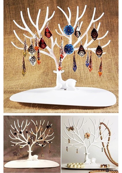 Ekru Beyaz Geyik Tasarımlı Takı ve Mücevher Standı, Şık ve Pratik Kullanımlı