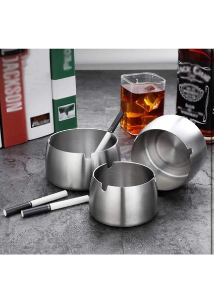 3 Lü Gri Paslanmaz Çelik Kaplamalı Küllük Rüzgar Geçirmez Düşmeye Dayanıklı Metal Küllük