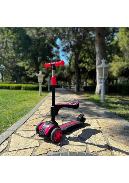 Combo 3 Tekerlekli Katlanabilir Işıklı Oturaklı Scooter - Pembe fırsatları