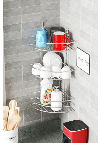 3 Katlı Metal Krom Kaplama Bulaşıklık, Bulaşık Kurutmalık, Bulaşık Standı, Deterjanlık, Yapışkanlı Askı Bulaşık Süzgeci Rafı, Bulaşıklık, Çatal Bıçak Tutacağı, Mutfak Için Lavabo Süzgeci, 50 cm