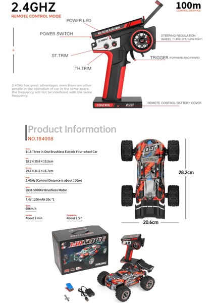 1/18 60 Km Hız Yapan Rc Araba 2.4 Ghz 4x4 LED Işıklı Full Fonksiyon Soğutmalı Metal Alaşım