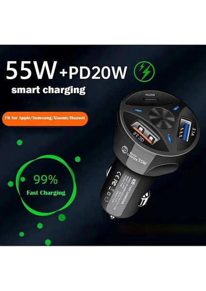 Araç Çakmaklık Şarjı 2 USB + 20W Pd Şarj Çıkışlı Hızlı Şarj Destekli 55W Qc 3.0