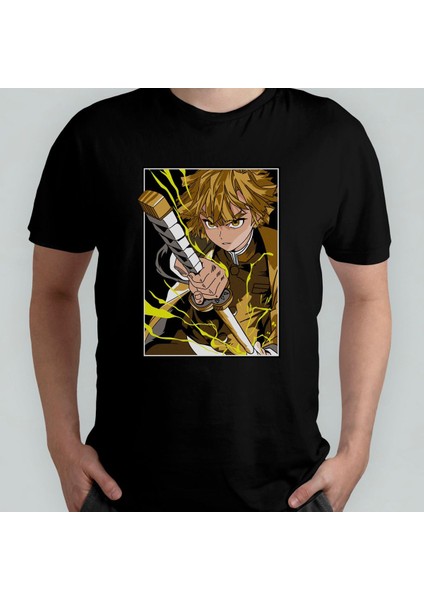 Demon Slayer Kimetsu No Yaiba Zenitsu %100 Pamuklu Bisiklet Yaka T-Shirt Model - 1