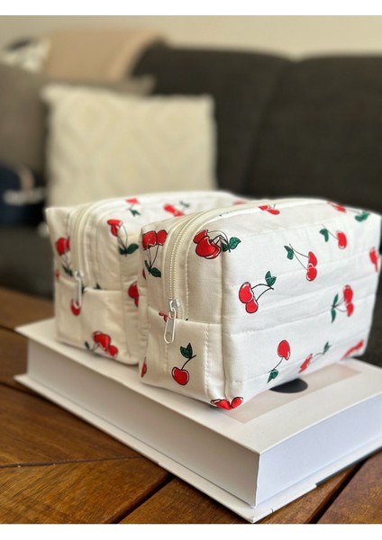 Kiraz Desenli ve Düz Renk Astarlı Çok Amaçlı Makyaş Çantası Beyaz fırsatları