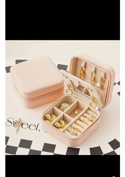 Pembe Seyahat Takı Organizer Kutusu, Mücevher ve Aksesuar Düzenleyici
