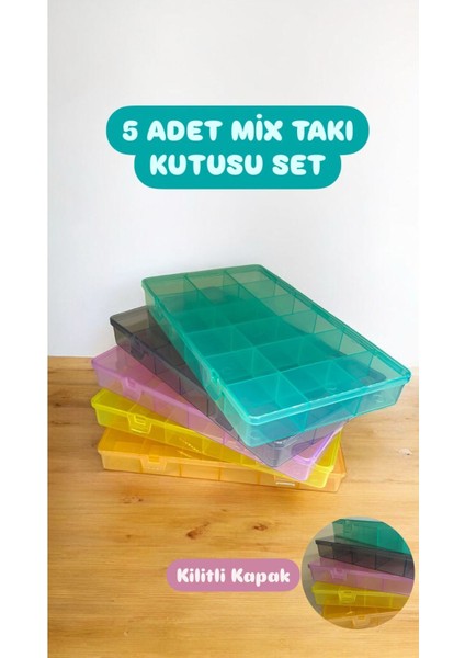 5'li Mix Şeffaf Takı Kutusu, 18 Bölmeli, Çok Renkli, Saklama ve Düzenleme İçin İdeal