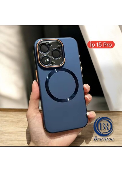 Apple Iphone 15 Pro Uyumlu Magnezyum Serisi Standlı Kapak Magsafe Sert Kılıf + Kamera Lens Koruma .