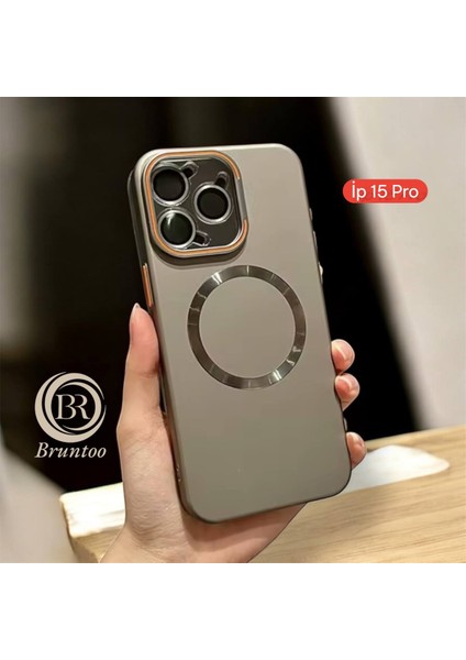 Apple Iphone 15 Pro Uyumlu Magnezyum Serisi Standlı Kapak Magsafe Sert Kılıf + Kamera Lens Koruma .