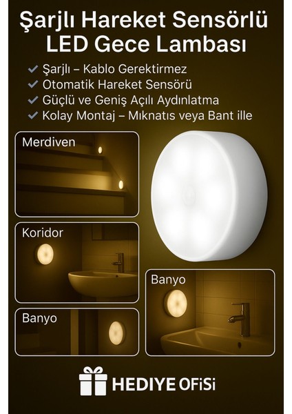 Kablosuz Hareket Sensörlü LED Gece Lambası, Enerji Tasarruflu ve Şık Tasarım