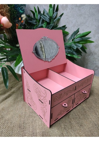 Pembe Ahşap 4 Bölmeli Şık Takı Saklama Kutusu
