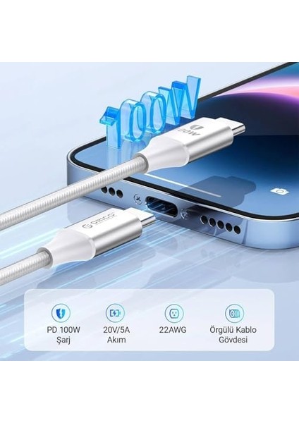 100W 5A Pd Type-C To Type-C Hızlı Şarj ve Data Kablosu Beyaz 1 Metre fiyatları