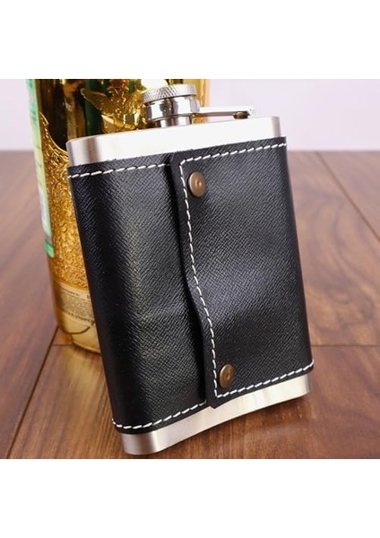 8 Oz 235 cc Hunili Siyah Hakiki Deri Kılıflı Çelik Viski Içki Matarası modelleri