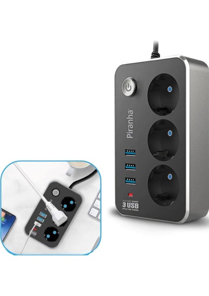 Isıya Dayanıklı Termal Akım Korumalı 2 Metre 10A 2500W 3lü Priz ve 3 USB Li 2.1A Uzatma Kablosu