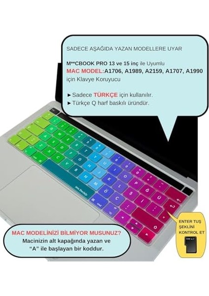 Macbook Pro Klavye Koruyucu Türkçe Q A1706 A1989 A2159 A1707 A1990 ile Uyumlu Dazzle Pembe Yeşil