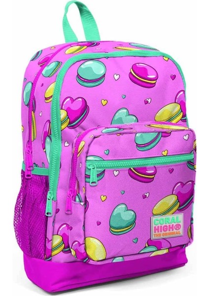 High Kids Açık Pembe Makaron Desenli Dört Bölmeli Okul Sırt Çantası 23462