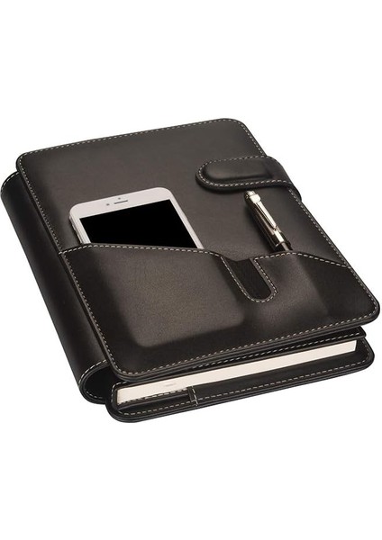 5284 Ajanda Tarihsiz Kareli 17X24 Ajanda Defter 160 Yaprak Ivory Kağıt Suni Deri Telefon Kılıflı Mekanizmalı Hesap Makineli Organizer, Siyah