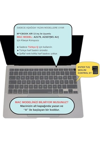 Macbook Air M1 13INÇ Klavye Koruyucu Türkçe Q A2179 A2337 ile Uyumlu Şeffaf