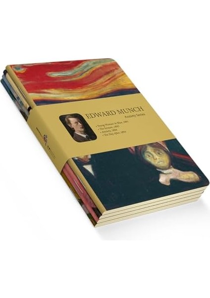 Anxiety Series - A5, Edward Munch 4&apos;lü Defter Seti I, Çizgisiz, Toplam 256 Sayfa, Her Biri 64 Sayfa, Tel Dikiş, Esnek Kapak, Oval Kenar, Tuval Doku, 60 Gram, Sarı Krem Renk fiyatları
