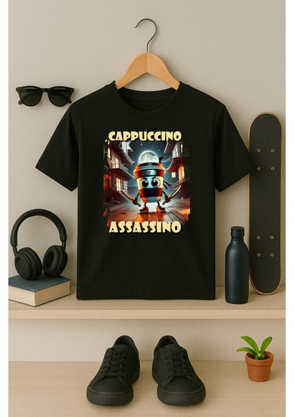 Blitzistanbul Cappuccino Assassino Italyan Brainrot Tasarım Baskılı Çocuk Tshirt 4-13 Yaş