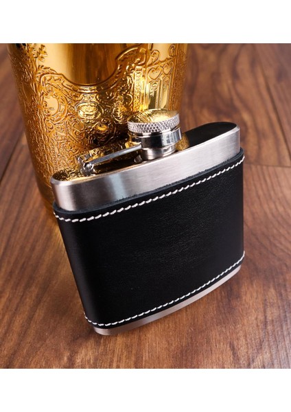Siyah Derili 5 OZ-150 cc Hunili Çelik Viski Içki Konyak Matarası