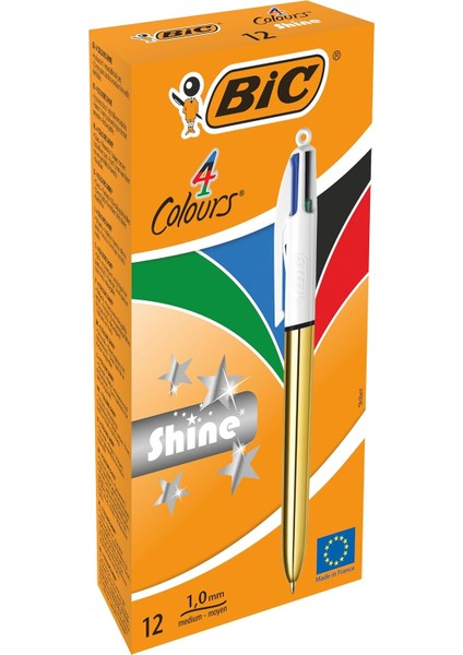 4 Colours Shine Altın Gövde Tükenmez Kalem 12&apos;li Kutu, 4 Renk (Mavi, Siyah,yeşil ve Kırmızı), 1.0 Mm. Uç