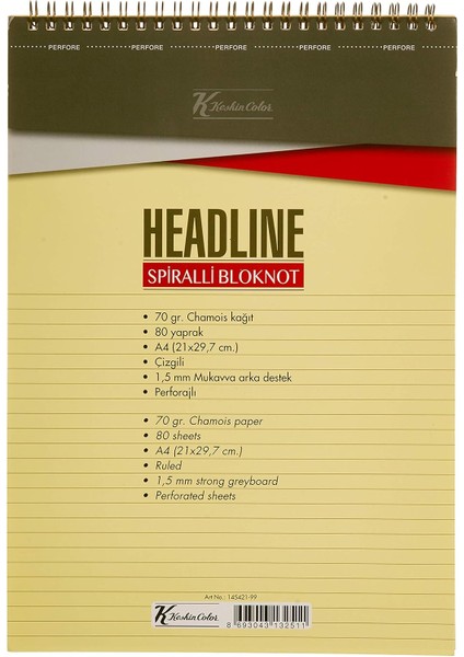 Color A4 Çizgili Karton Kapak 80 Yp. Spiralli Headline Bloknot