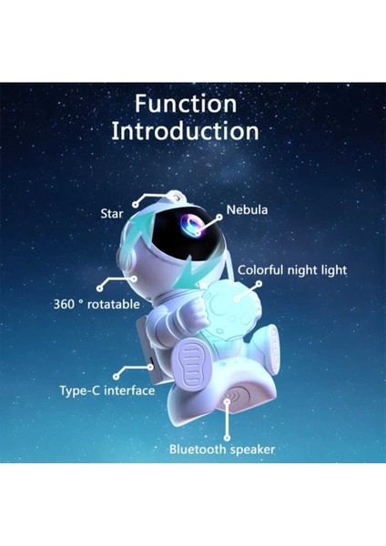 Çocuklar Için Çok Renkli Astronot ve Yıldızlı Gökyüzü Projektörü, Bluetooth Hoparlörlü