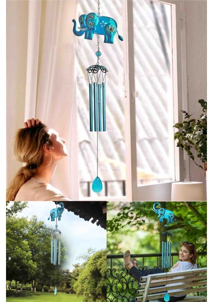 Fil Tasarımlı Rüzgar Çanı Deprem Zili Feng Shui Özel Cam Gövdeli Metal Çubuklu Lüks Hediyelik Dekor