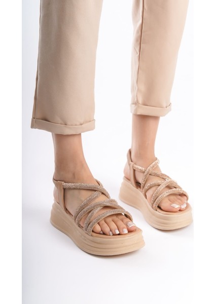 Nına Lastikli Taşlı Şeritli Ortopedik Taban Kadın Sandalet Tt Ten fırsatları