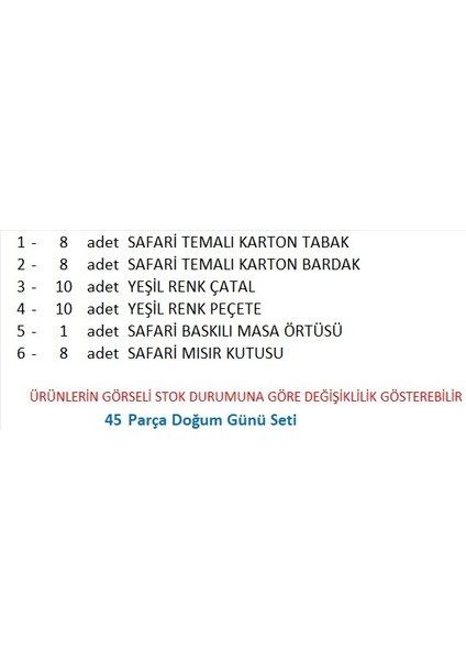Safari 8 Adet Tabak, 8 Adet Bardak, 10 Adet Peçete, 10 Adet Çatal, Masa Örtüsü, 8 Adet Mısır Kutusu fiyatları