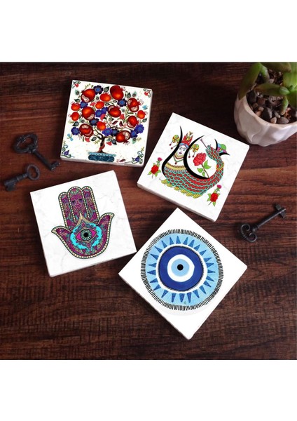 Nazar, Fatma Ana Eli (Hamsa), Şahmeran, Nar Ağacı Taş Bardak Altlığı Seti - 4 Parça - Dekoratif, Rustik Mutfak Aksesuarı, 10X10 Cm, Kaydırmaz Tabanlı, Şık ve Dayanıklı SC219