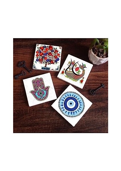 Nazar, Fatma Ana Eli (Hamsa), Şahmeran, Nar Ağacı Taş Bardak Altlığı Seti - 4 Parça - Dekoratif, Rustik Mutfak Aksesuarı, 10X10 Cm, Kaydırmaz Tabanlı, Şık ve Dayanıklı SC219 fiyatları