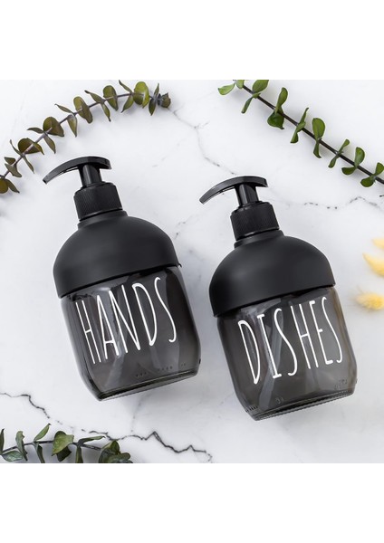 C-527 2&apos;li Cool Sıvı Sabunluk Seti - Mutfak-Banyo Tezgah Üstü Temizlik Seti - Siyah Cam 425 ml
