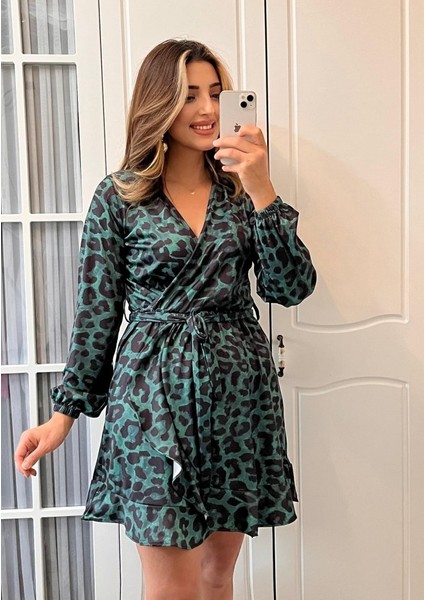 Kadın Uzun Kollu Kruvaze Yaka Belden Kuşaklı Leopar Desenli Dalgıç Elbise fiyatları